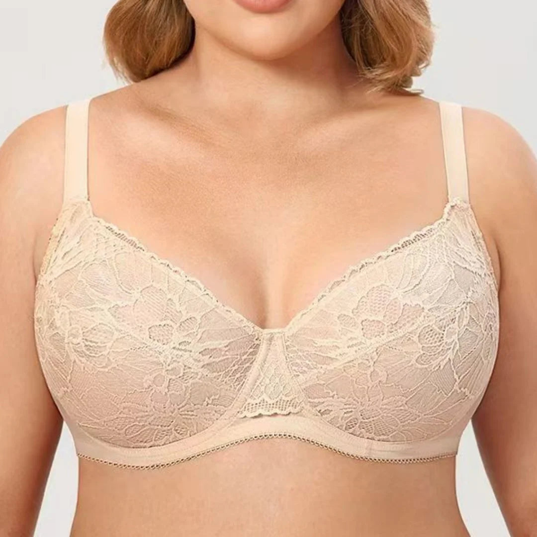 Skin beige plus size underwire lace bra with scalloped V-neck edges