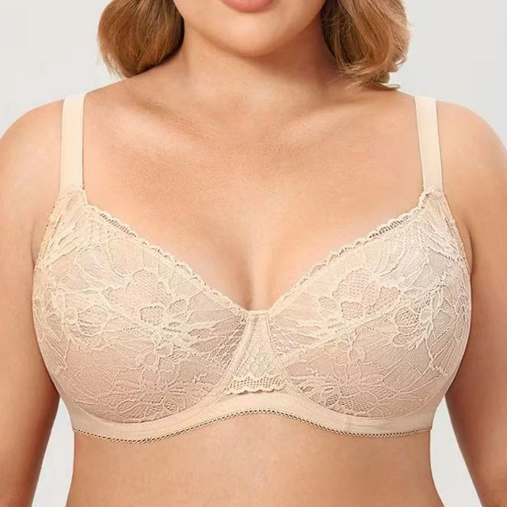 Skin beige plus size underwire lace bra with scalloped V-neck edges