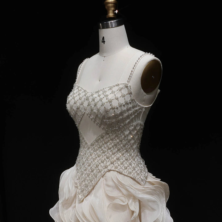 Luxury Ruffled Beaded Pearl Evening Dress