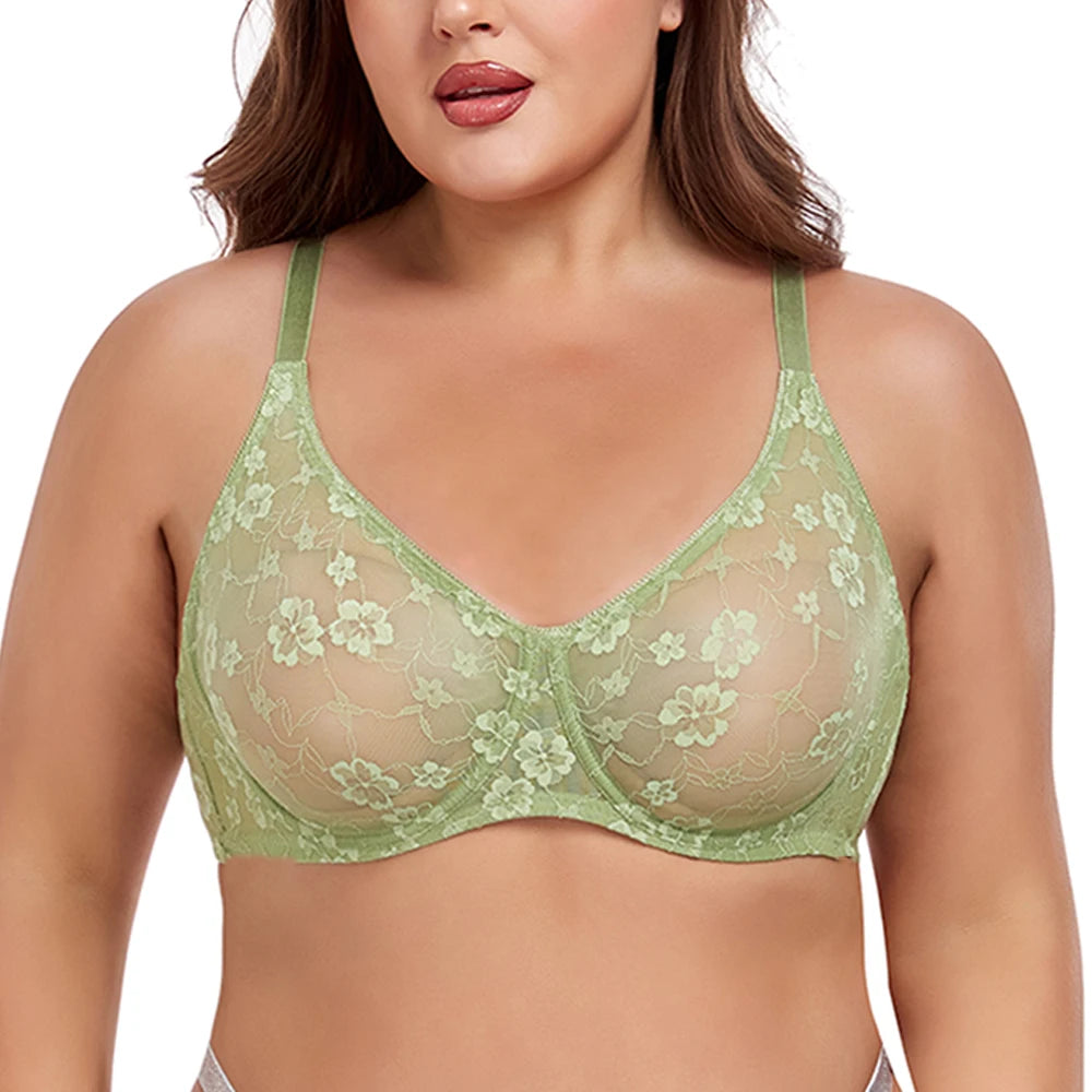 Green underwire lace women's bra with floral lace cups and wide straps