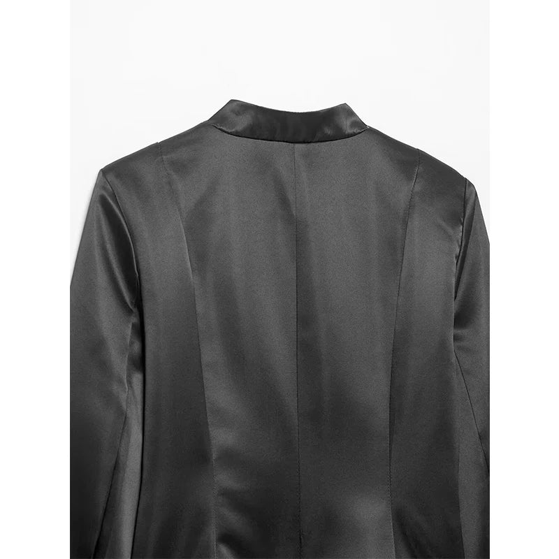Black satin stand-collar blazer, upper back view with clean yoke seam