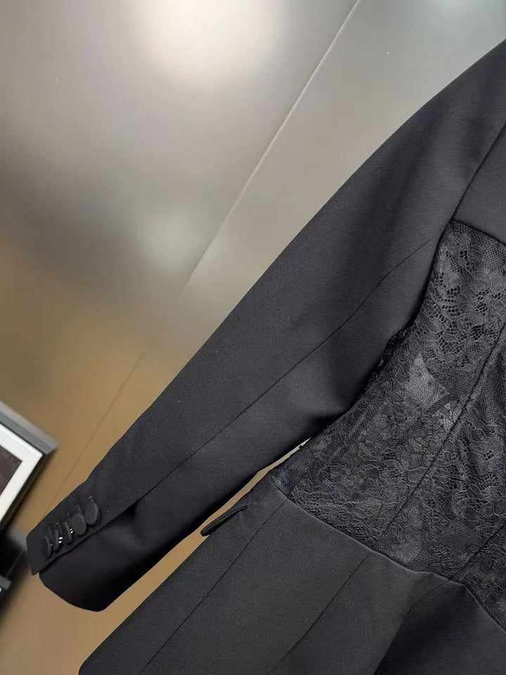 Black sheer lace panel blazer side view with tailored seams