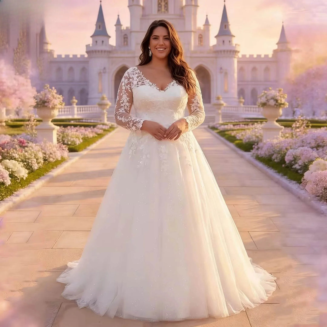 Ivory A-line tulle wedding dress with lace long sleeves and embroidered bodice