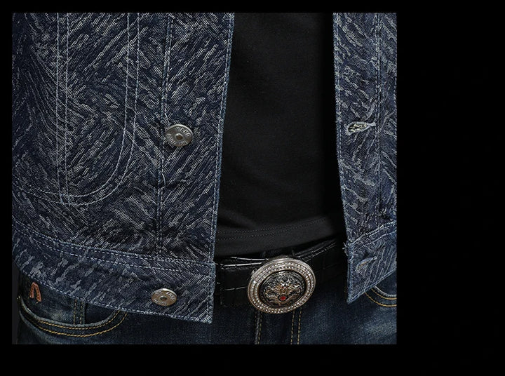 Blue jacquard denim jacket close-up, button placket and belt patch