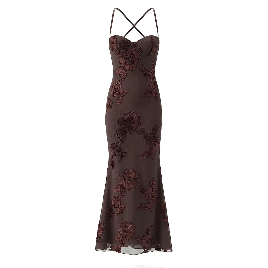 Brown lace-up backless maxi dress with floral lace pattern and cross-back straps