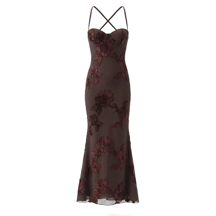 Brown lace-up backless maxi dress with floral lace pattern and cross-back straps