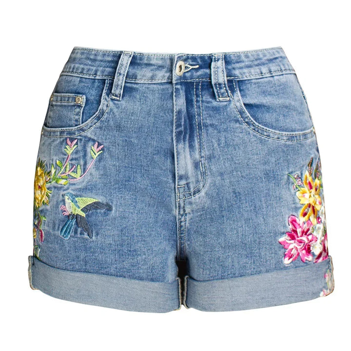 Elegant Flower Embroidery Denim Shorts
