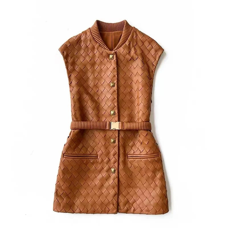 Amber knitted sheepskin long vest with button-front and ribbed O-neck