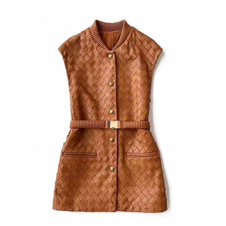 Amber knitted sheepskin long vest with button-front and ribbed O-neck