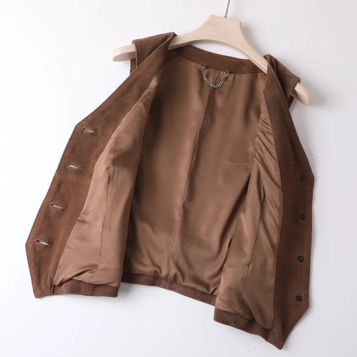 Brown suede leather short vest on hanger, open front with multiple pockets