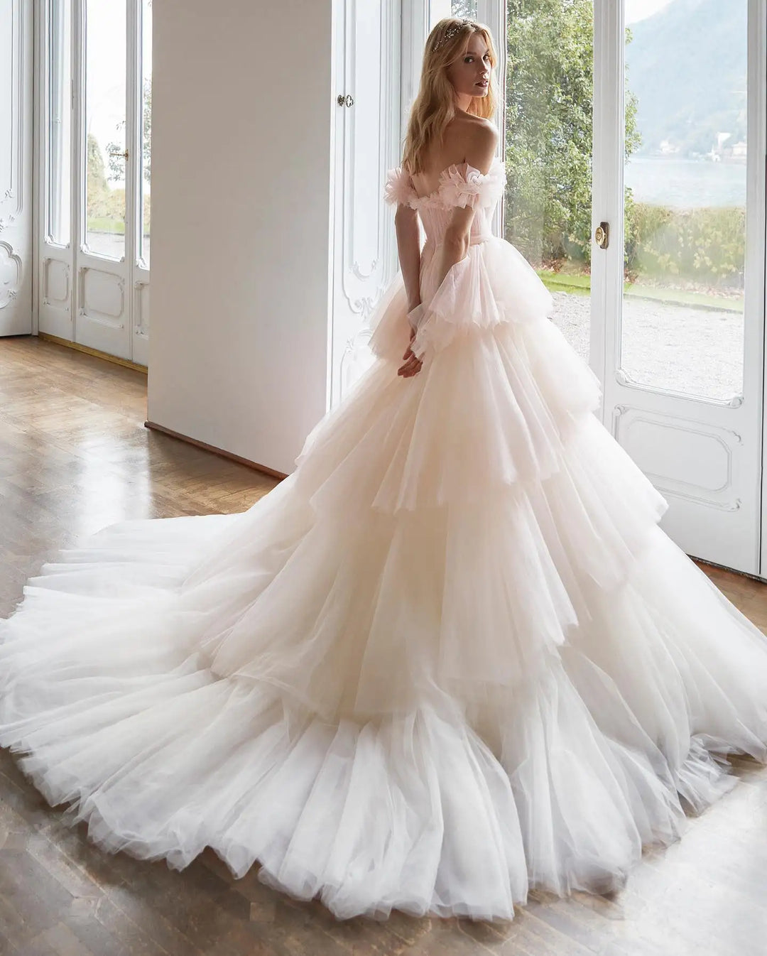 Tiered Deep V-Neck Wedding Dress