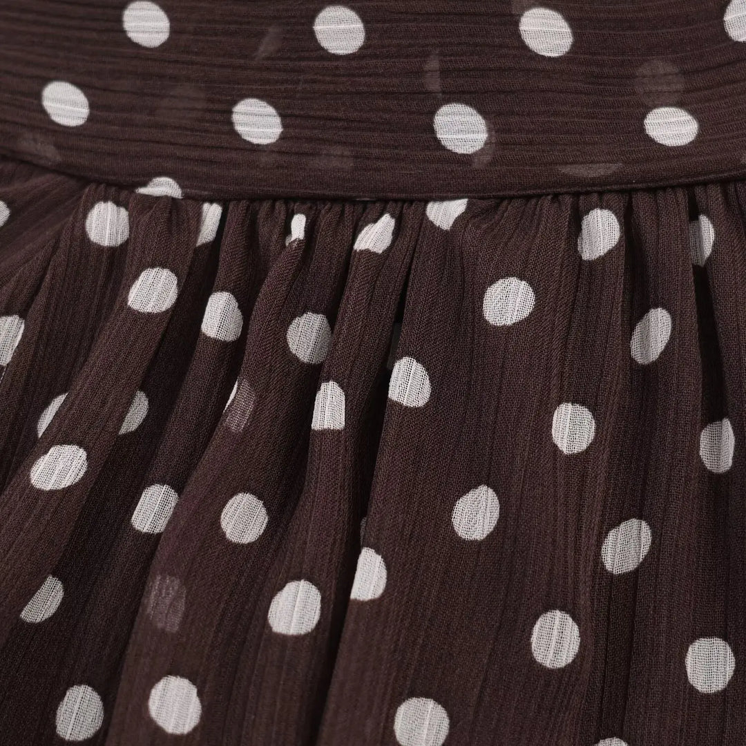 Women’s chiffon high-neck blouse neckline and pleats, dark brown with white polka dots