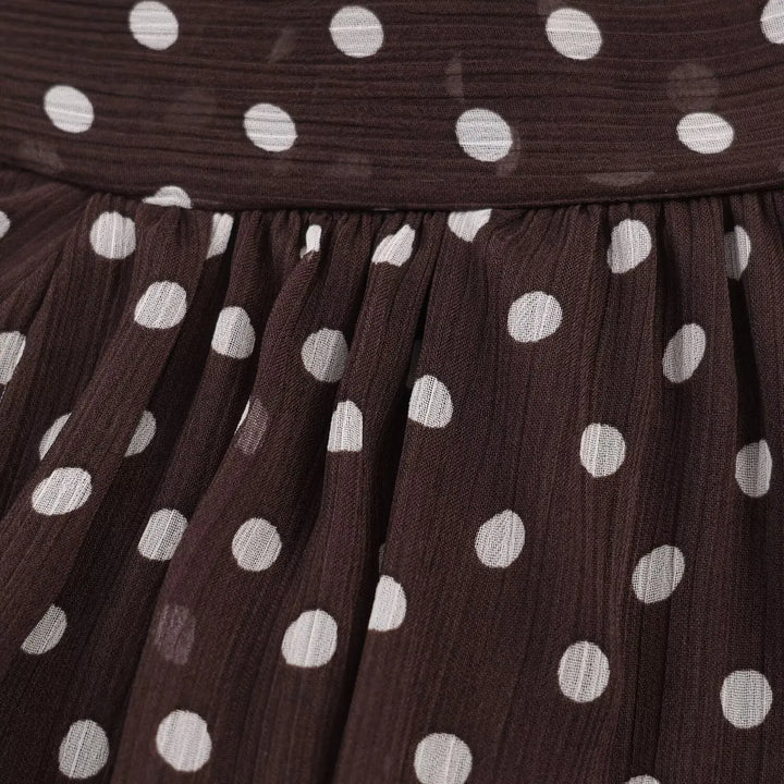 Women’s chiffon high-neck blouse neckline and pleats, dark brown with white polka dots