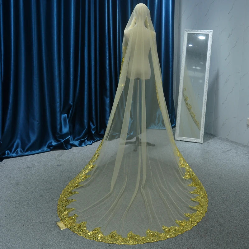 Ivory cathedral bridal veil with gold sequin lace edge and layered sheer tulle