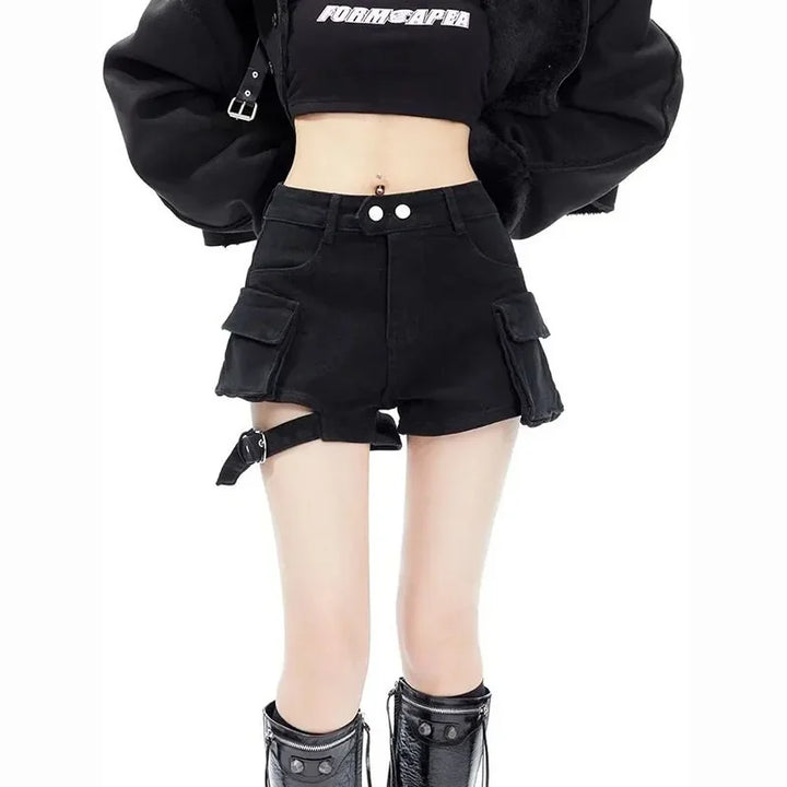 Black denim cargo shorts with front flap pockets and double-button waistband