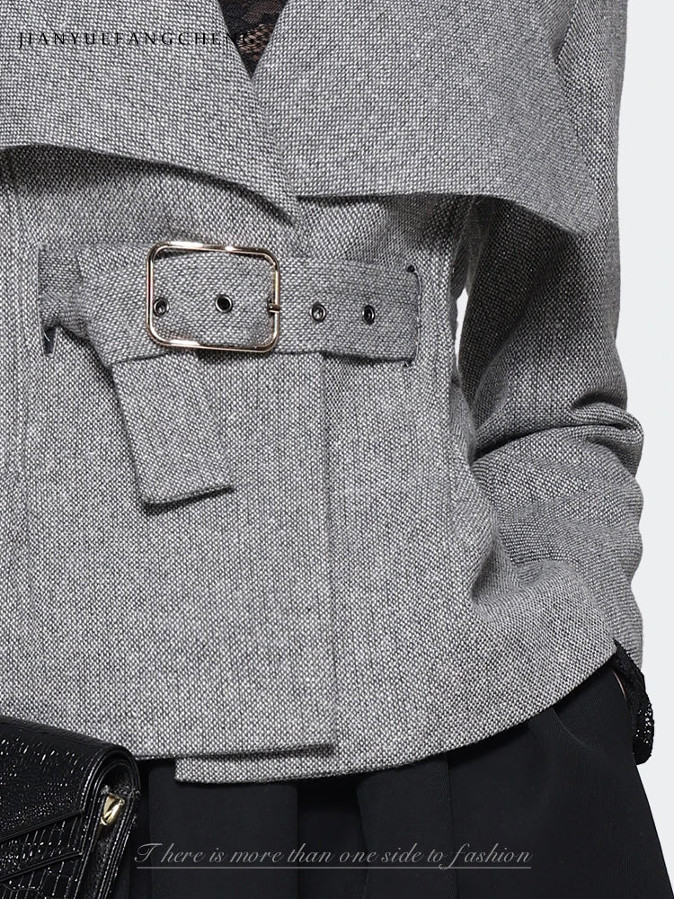 Elegant Woolen Belt Blazer