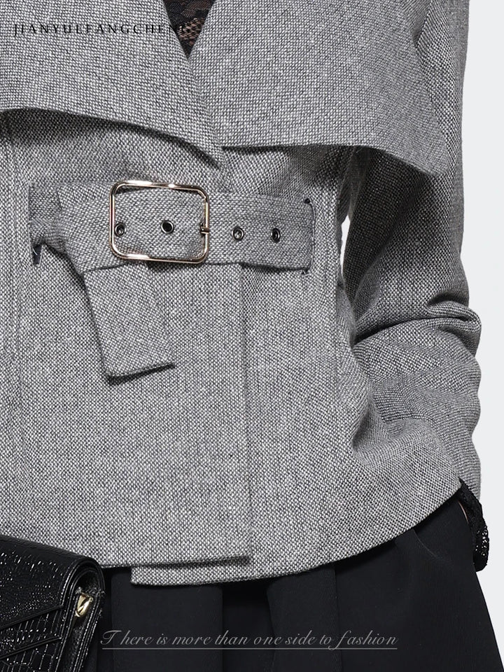 Elegant Woolen Belt Blazer