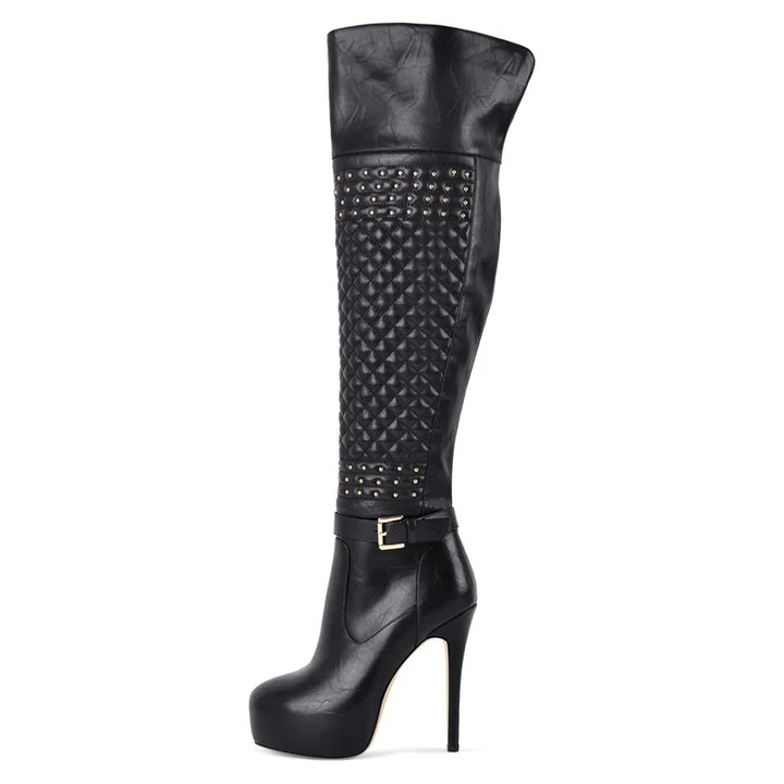 Black over-the-knee boots with studded belt and quilted texture, stiletto heel.