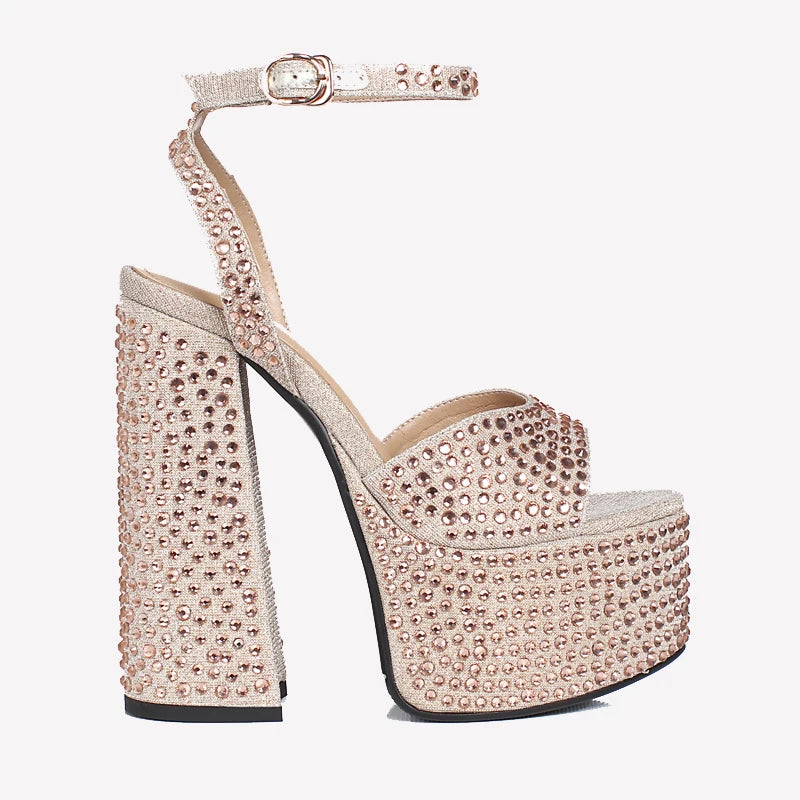 Champagne beige rhinestone platform crystal high-heel sandals with ankle strap, side view