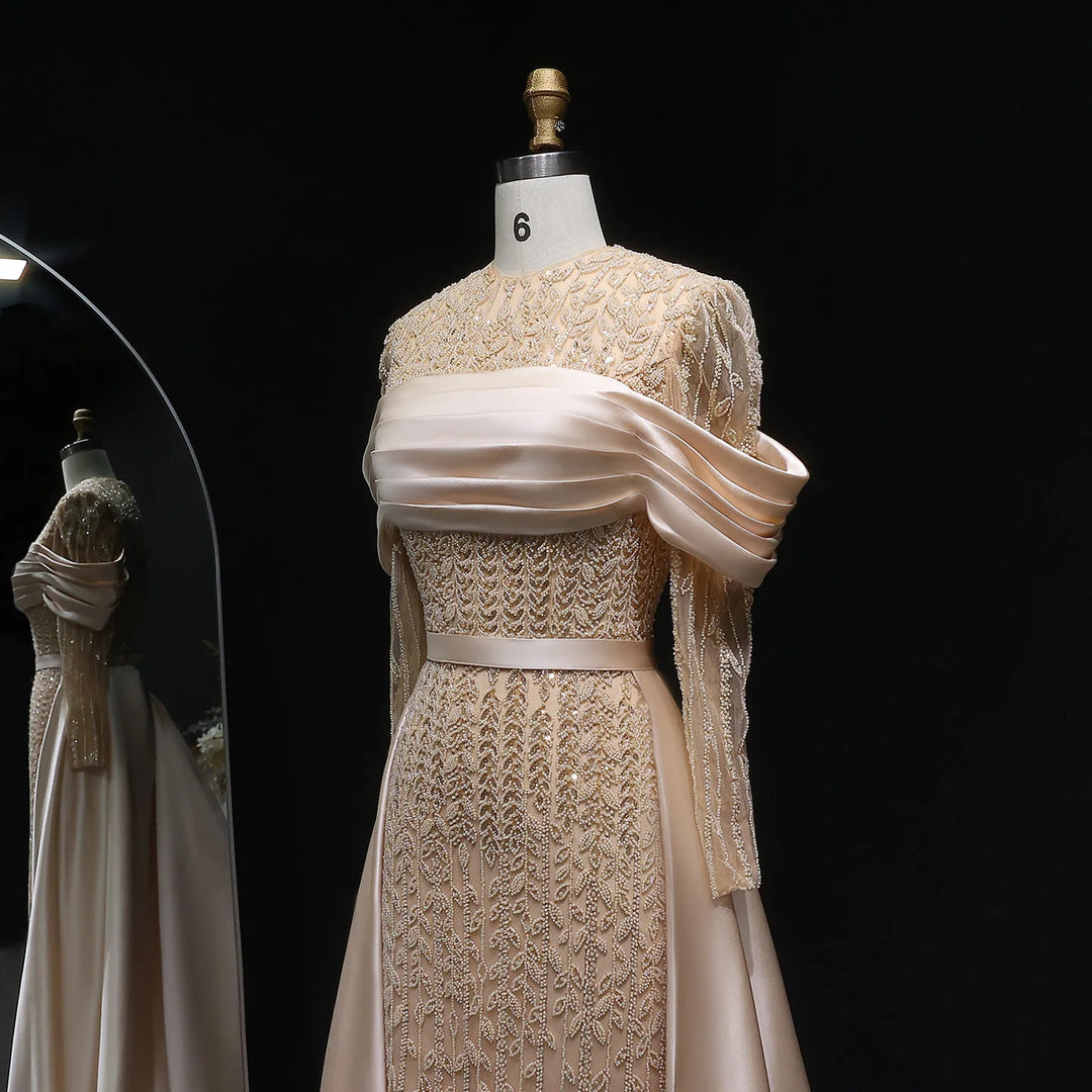 Regal Satin Train Pleated Evening Gown