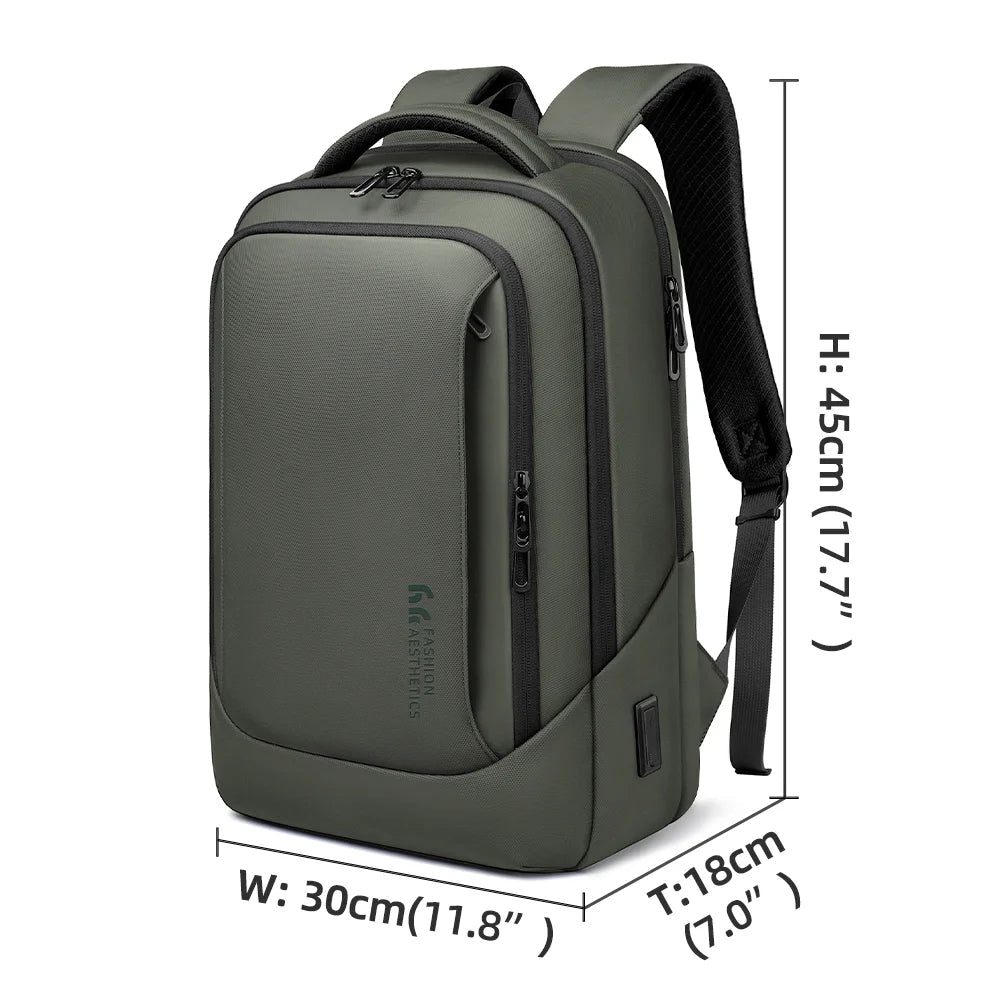 Green waterproof business work backpack with front zip pocket and padded straps