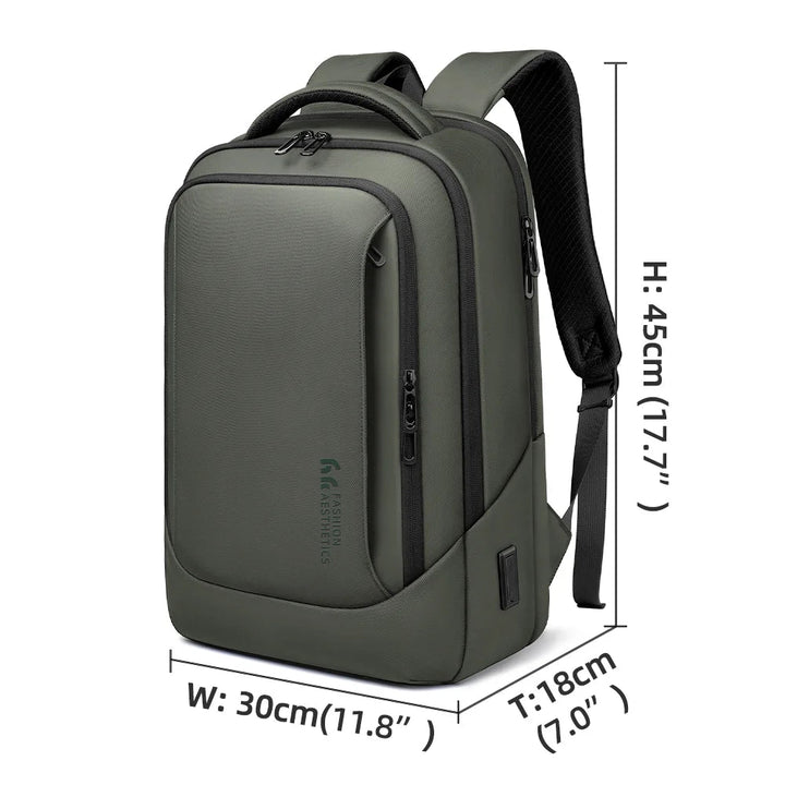 Green waterproof business work backpack with front zip pocket and padded straps