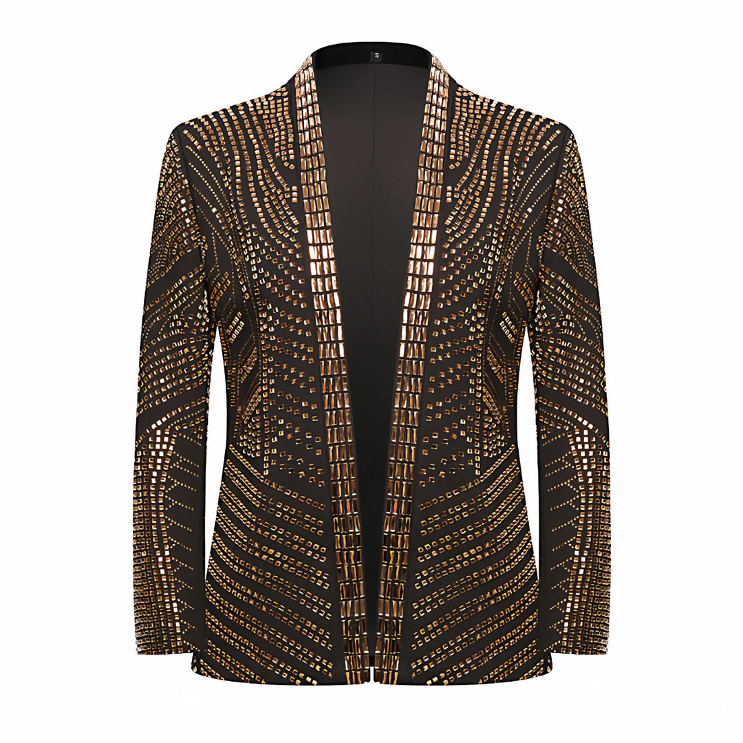 Gold and black rhinestone blazer with open lapels and button front