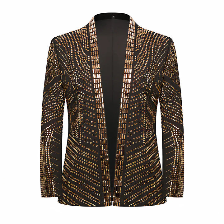 Gold and black rhinestone blazer with open lapels and button front