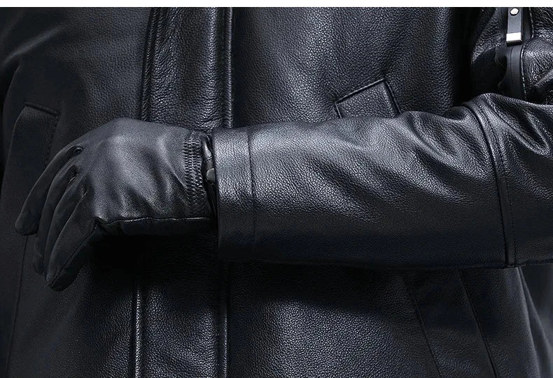 Stylish Mid-Length Leather Hooded Coat