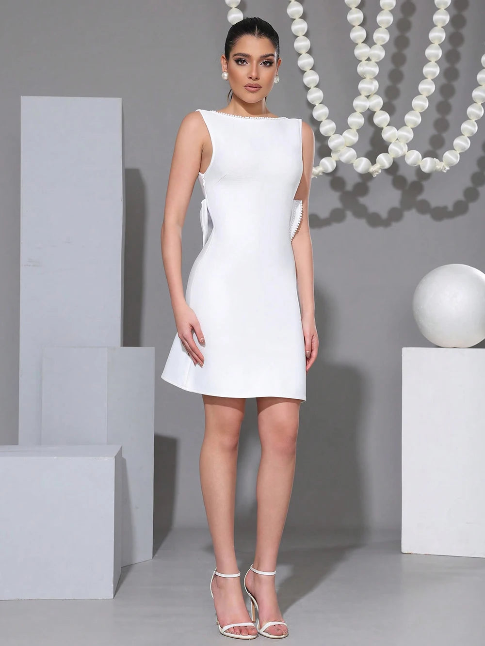 White Pearls Bow Evening Party Dress