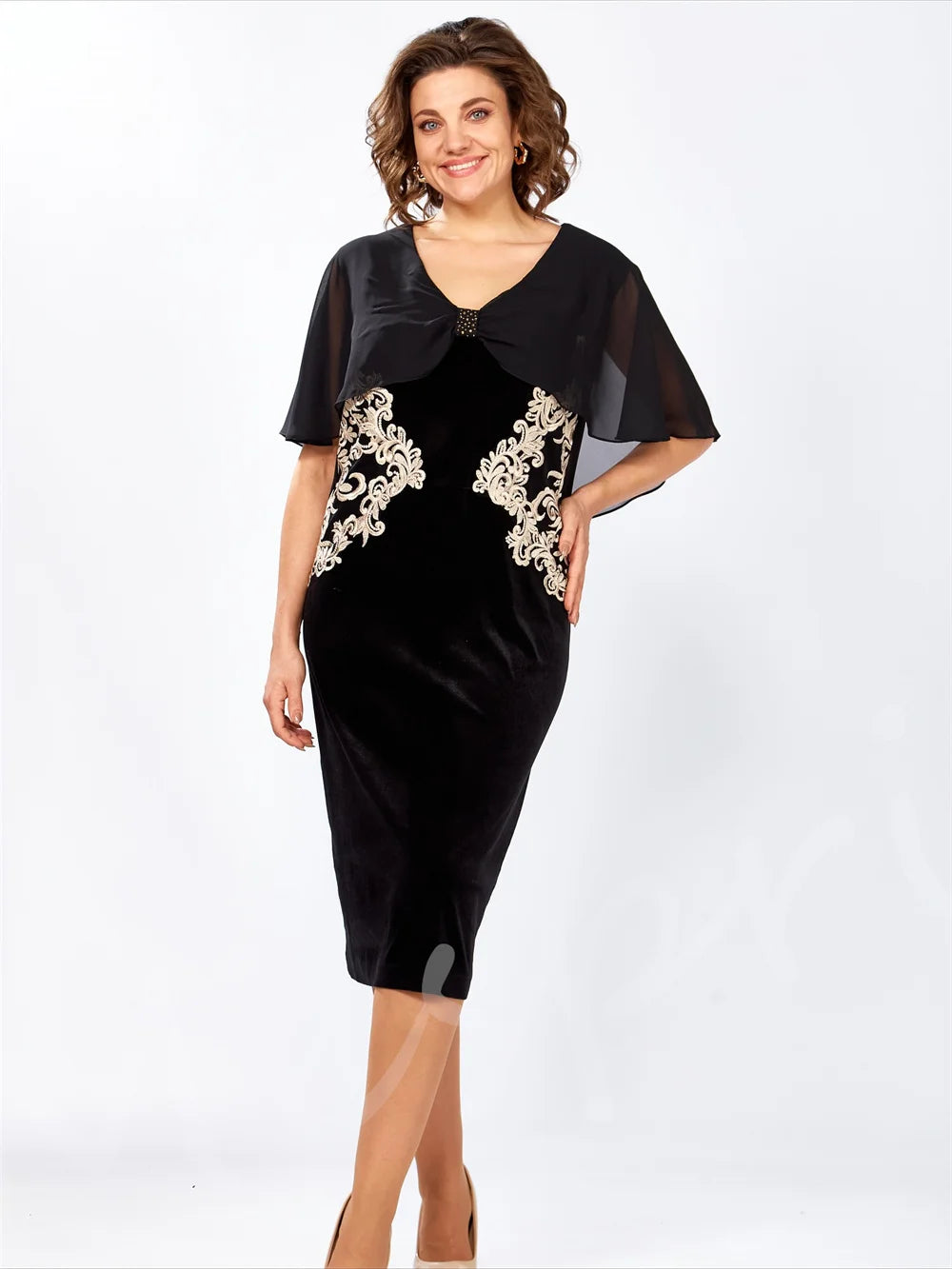 Front view black tea-length party dress with embroidered V-neck and flutter sleeves