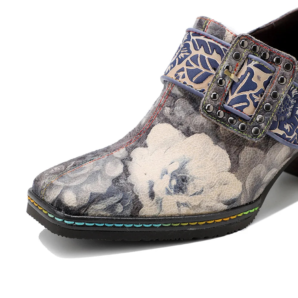 Women’s genuine leather dress pump front, gray floral print with blue square buckle strap