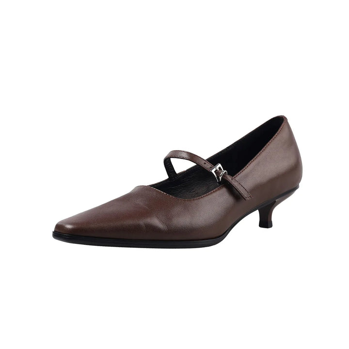 Women’s brown kitten heel pumps, pointed toe, ankle strap buckle