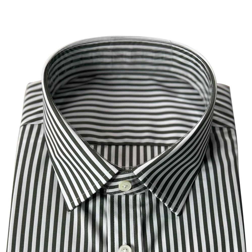 Men's slim fit cotton shirt collar and placket in dark green-and-white vertical stripes