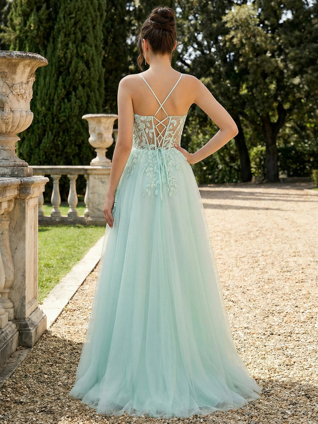 Delicate High Slit Lace Tulle Prom Gown