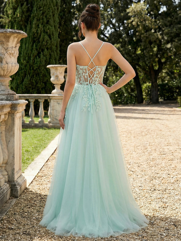 Delicate High Slit Lace Tulle Prom Gown