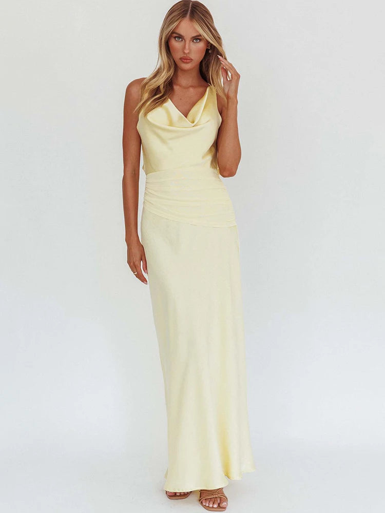 Light yellow satin maxi dress for women, cowl neckline and sleeveless fitted drape