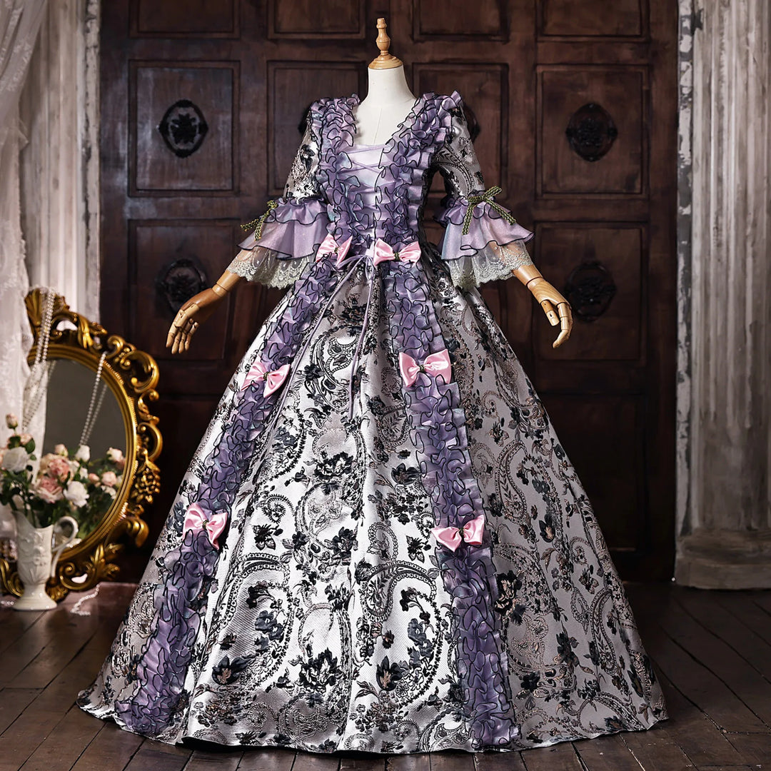 Purple and black-and-white printed Victorian-style lace cosplay dress with ruffled sleeves