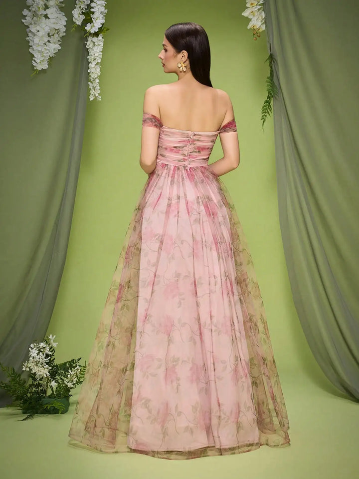 Diligent 3D Floral Mesh Evening Party Dress