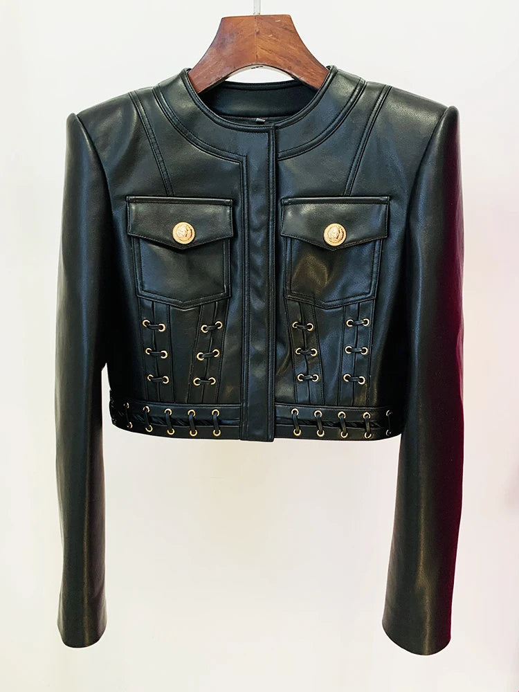Black leather blazer jacket front view with lace-up rows and gold logo buttons