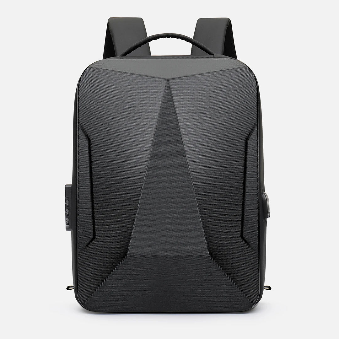 Hard shell expandable bag backpack, front view in dark gray with geometric central panel