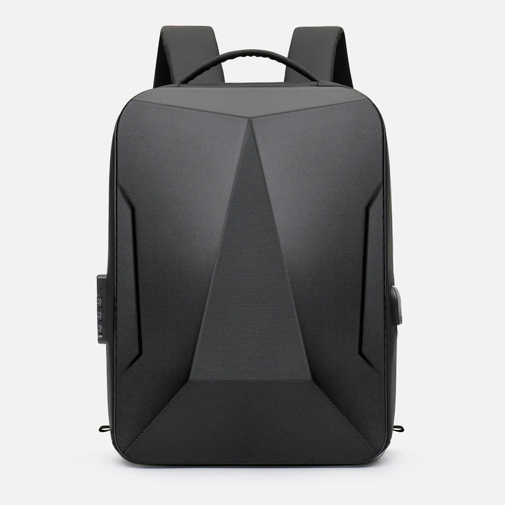 Hard shell expandable bag backpack, front view in dark gray with geometric central panel