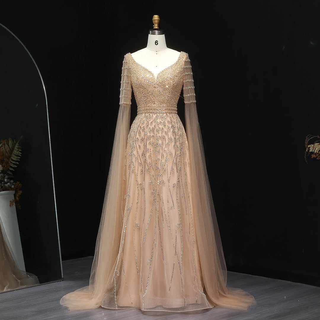 Regal Beaded Cape Sleeves Evening Dress