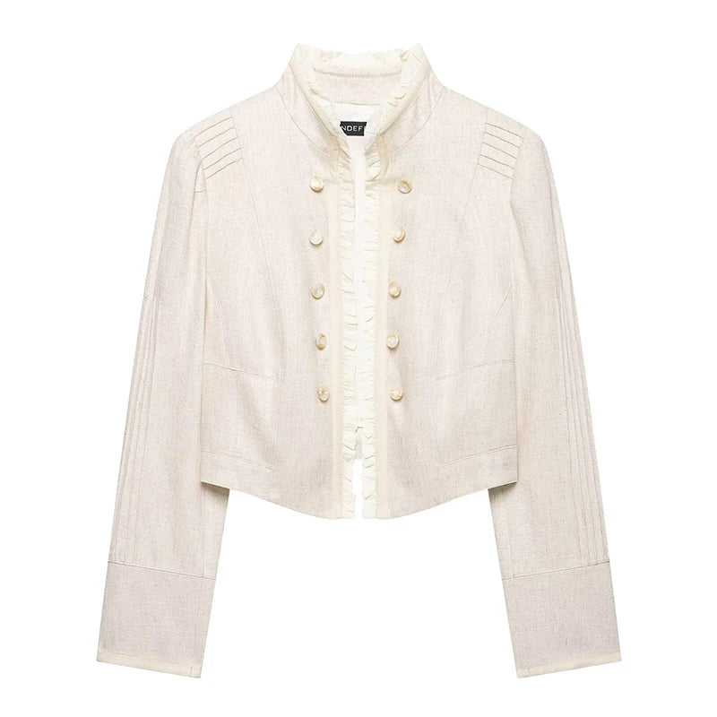 Beige cropped blazer with ruffled front placket and gold button closure