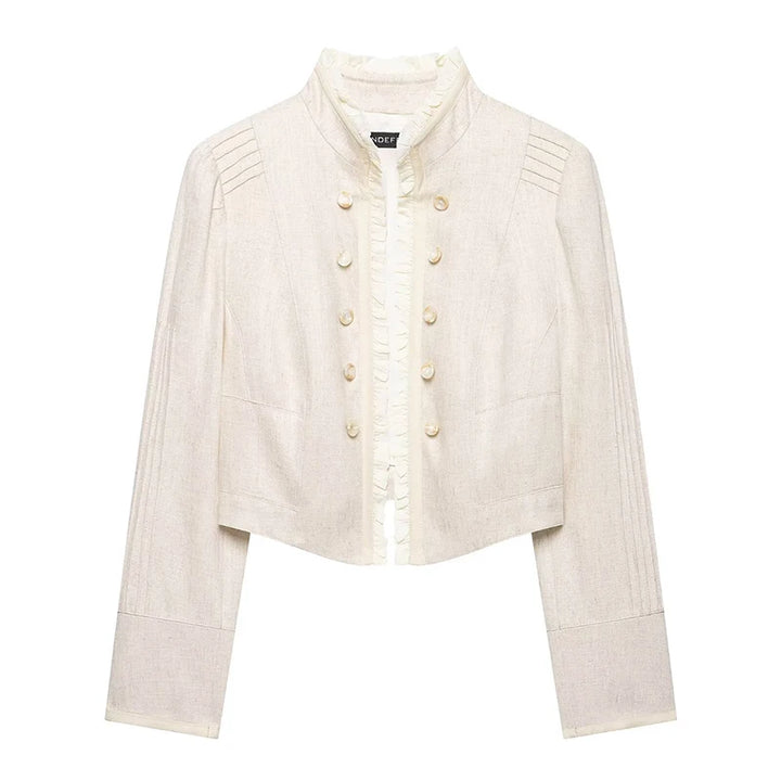 Beige cropped blazer with ruffled front placket and gold button closure
