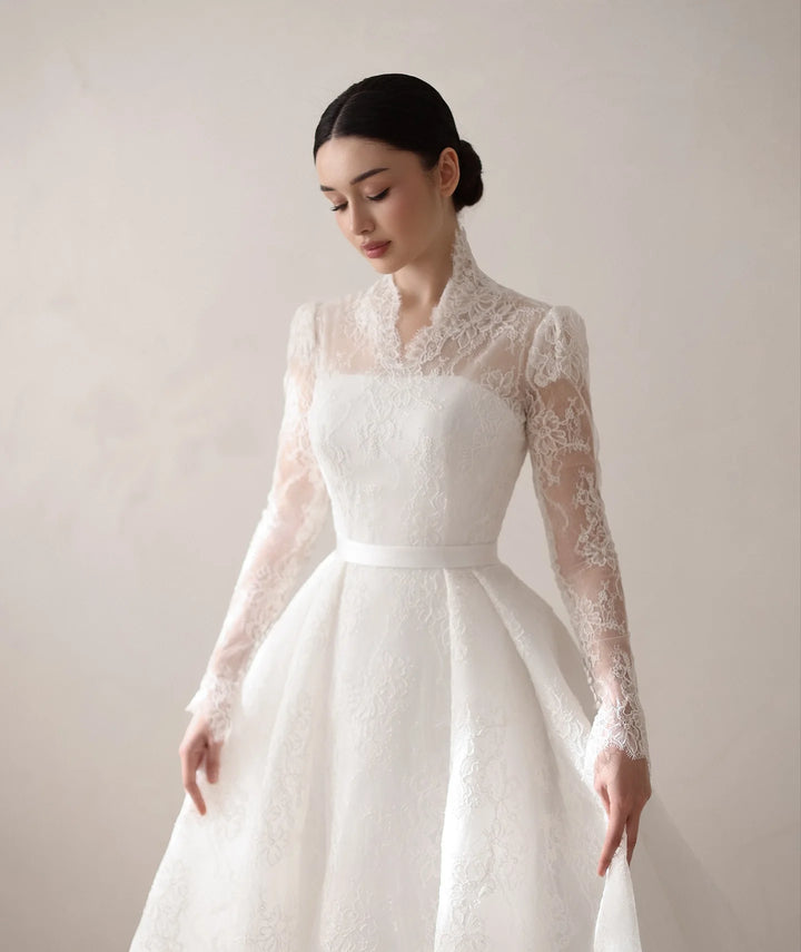 Beautiful Full V-Neck Lace Illusion Bridal Couture