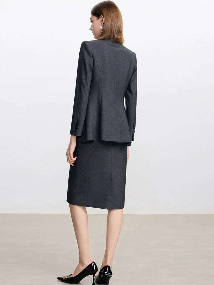 Dark gray blazer and pencil skirt set from the back view