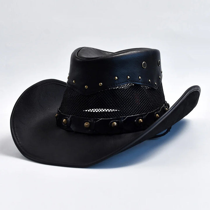 Black leather cowboy hat with wide brim, studded band, and mesh panel detail