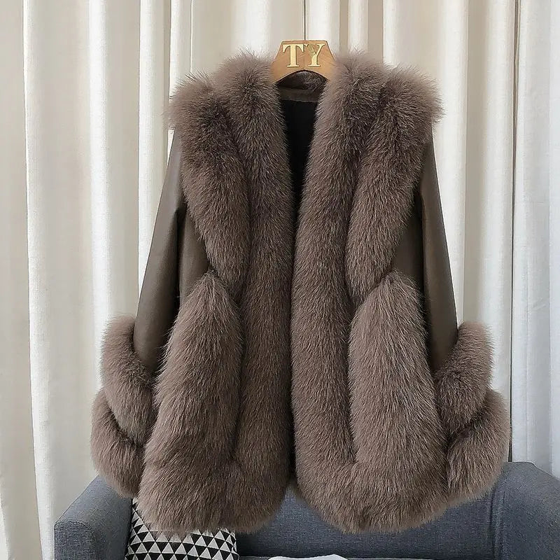 Women’s warm fur jacket, dark taupe/brown with open front and thick side fur pockets