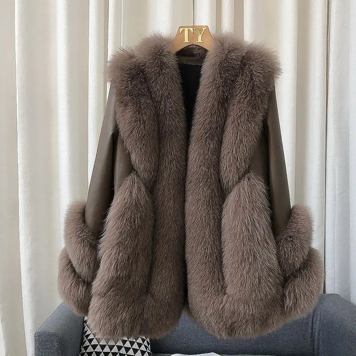 Women’s warm fur jacket, dark taupe/brown with open front and thick side fur pockets